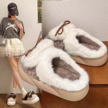 fashion Bow Fur Slippers for Women Comfortable Flat Thick Sole Household Cotton Shoes 2024 Winter New Women s Plush Warm Slippers 36-37 бежевый