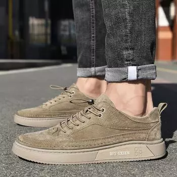 Fashion Breathable Leather Casual Shoes Men Hot Sale Stylish Skate Shoes Men All-match School Sneakers Lace-Up Low Top Walking Shoes 37 хаки