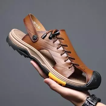 Fashion British Style Cowhide Leather Sandal for Men New Hotel Beach Summer Shoes High Quality Outdoor Wear-resistant Male Flip Flops 38 коричневый