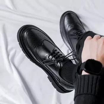 Fashion British Style Platform Casual Shoes 2024 New Comfortable Casual Shoes Classic Business Oxford Shoes All-match Brogue Male Shoes 38 чёрный