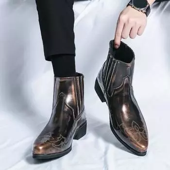 Fashion British Style Retro Chelsea Men s Boots Embroidered Low Heel Pointed Short Boots High-quality Official Business High Top Shoes 38 коричневый