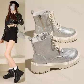 Fashion Chunky Heels Lace Up Short Boots Women Winter Fashion Designer Ankle Boots Woman Platform Non-Slip Leather Ankle Botas De Mujer 35 серебряный