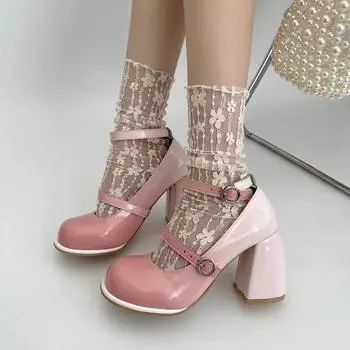 Fashion Chunky Platform High Heels Pumps Women 2024 Fashion Gradient Thick Heel Mary Jane Lolita Shoe Woman Patent Leather Cosplay Shoes 35 чёрный