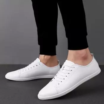 Fashion Classic Lace-Up Men Flats Sneakers New Genuine Leather Casual Shoes Men All-match Outdoor Walking Shoes Lightweight Skate Shoes 37 белый