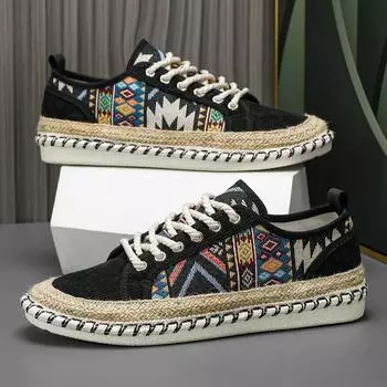 Fashion Classic Printed Men s Canvas Shoes Summer Espadrilles Men Flat Shoes Comfort Lace-up Casual Shoes For Men Fisherman Footwear 39