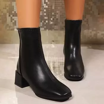 fashion Classics Black Women s Hollow Thick Heel Ankle Boots Autumn Square Toe Shoes Boat Pu Leather Non Slip Short Boots Size 35-42 35 бежевый