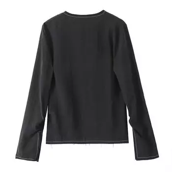 FASHION clothes 2024 new V-neck long-sleeved bow line decorative shirt women s Clothes XS чёрный