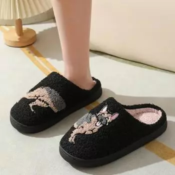 fashion Comfortable Home Cute Cartoon Wolf Dog Winter Cotton Slippers for Men and Women Couples Warm Flat Indoor Cotton Shoes 42-43 чёрный