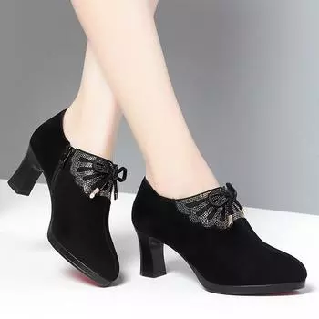 fashion Deep Mouth Block Heels Platform Shoes Women Pumps 2024 Pointed Toe Soft Leather High Heel Office Black Elegant Bow Tie Retro 35(Foot22.5cm)