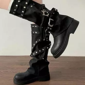 Fashion Designer Rivet Women Trouser Legs High Boots Fashion Punk Style Shoes Autumn Winter Thick Heel Ladies Knight Long Booties 35 чёрный
