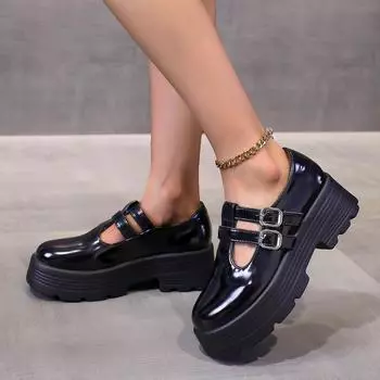 fashion Double Buckle Strap Chunky Platform Pumps Women Patent Leather Thick Bottom Gothic Shoes Woman Punk Thick Heels Mary Jane Shoes 36 бежевый