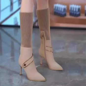 Fashion Elastic Women s Long Sock Boots High Heels Pointed Toe Elegant Heeled Ladies Knee Shaft Shoes Waterproof New Rock Sale Chic Work 34