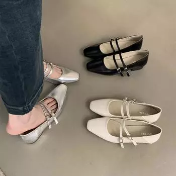 Fashion Fashion Square Toe Shallow Flat Shoes Women 2024 New Casual Mary Jane Shoes Ladies Soft Sole Dress Ballet Shoes Zapatos De Mujer 36 чёрный