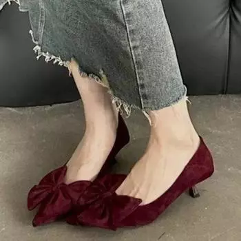 Fashion Female Shoes on Sale 2024 Fashion One Kick Women Pumps Autumn Pointed Toe Bow Tie Solid Sexy Dress Stilettos or Thin Heels Shoes 34 красный