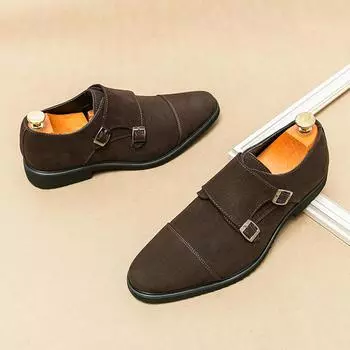 Fashion Flock Loafers for Men Double Buckle Monk Shoes Black Brown Slip-On Square Toe Business Shoes for Men with 38 чёрный