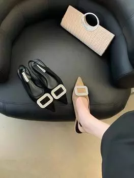 fashion Flock Women Slides Slippers Pointed Toe Black Beige Flat Low Heels Back Strap Casual Summer Sandals Slides Rhinestone Buckle 39 5.5 бежевый