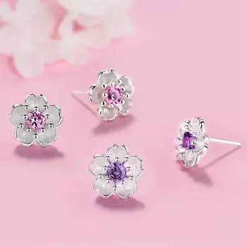 Fashion Flower Sakura Earring Oriental Cherry Rhinestone Brass Stud Earring Silver Plated розовый