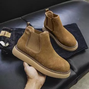 Fashion Genuine Leather Men Winter Short Plush Boots British Style Warm Casual Leather Thick Bottom Winter Shoes Outdoor Walking Shoes 38