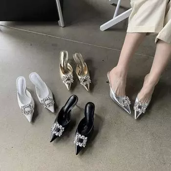 Модные летние туфли на высоком каблуке с золотыми, белыми, черными, серебряными каблуками и пряжкой из стразов, сексуальные туфли-лодочки для женщин, размер 35-39 5.5 золотой