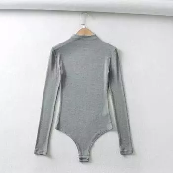 Fashion Half High Collar Long Sleeves One-Piece T-shirt Thread Elastic Tight High Waist Crotch One-Piece Bottoming Shirt Ins Tops Gray M
