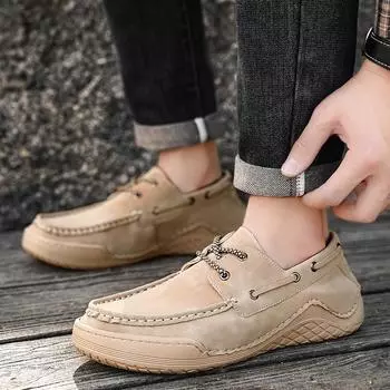 Fashion Handmade Leather Men Shoes lace up Casual genuine Leather Shoe Men Comfort Walking Shoes Manual soft bottom Shoes men moccasins 6.5 бежевый