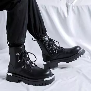 Fashion hick soled men s high top leather shoes Fashion Latest Style Design Outdoor leisure trend party Youth daily handsome boots New 38 чёрный