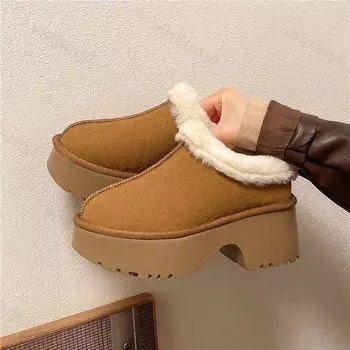 Fashion High Heel Platform Fur Cotton Slippers Women s Shoes 2024 New Designer Suede Warm Snow Boots Winter Casual Short Plush Slippers 35 коричневый