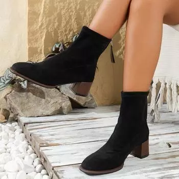 Fashion High Heels Women Ankle Boots Suede Shoes Winter Fashion Chunky Shoes Women 2024 Trend Walking Shoes Pumps Cozy Mujer Snow Botas 35 чёрный