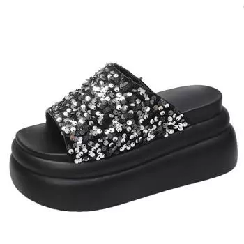 Fashion High Platform Flip-Flops Women s Summer Casual Slippers Crystal 9CM Wedge Slides Bling Chunky Sandals Open Toed Beach Slippers 34 чёрный