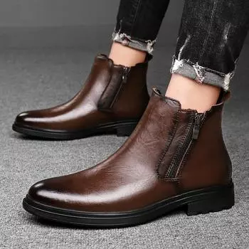Fashion High Quality Genuine Leather Chelsea Men s Boots Pointed Low Heel Brand Men s Boots Show Business Formal High Top Leather Shoes 38 коричневый