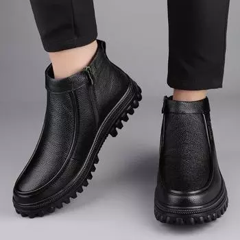 Fashion High Quality Men Comfortable Side Zipper Oversized Dock Layer Cowhide and Velvet Cotton Boot Brand Winter High Top Boots 38 чёрный
