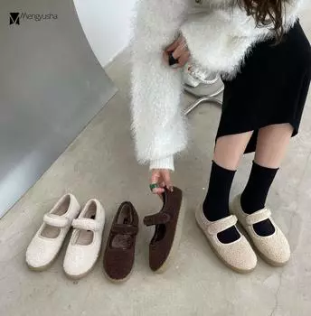 Fashion Hook & Loop lambswool mary janes woman fur flats winter cotton shoes women thicken soled fleeces loafers warm plush moccasins 5 абрикосовый