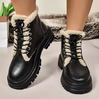 fashion Imitation Lambswool Winter Ankle Boots for Women 2024 Plush Warm Pu Leather Booties Woman Lace Up Non Slip Platform Botas Mujer 35 чёрный