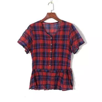 Fashion Korean-Style Button Half-Open Slim Shirt Pullover Red lattice All yards