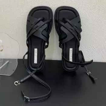 Fashion Korean Version Flat Bottom Weave Hollow Out Peep Toe Square Toe Sandals 2024 New Fashion Casual Simple Women Sandals Summertime 35 хаки