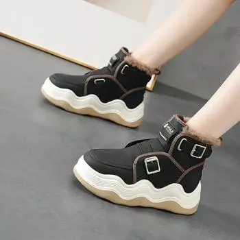 Fashion Lace-up Platform with Laces Chunky Shoes for Women High Leather Black Round Toe Womens Snow Boots Boot Female Goth Protective Pu 35