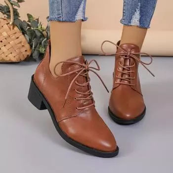 fashion Lace-up Pointed Toe Modern Boots Ankle Square Heel Shoes Female 2024 Hot Sale Spring/Autumn Sewing Concise Women s Boots 36 коричневый