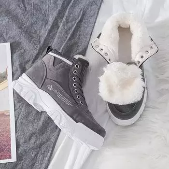 Fashion Ladies Casual Shoes Lace-up Fashion Sneakers Platform Snow Boots Winter Women Boots Thickened Warm Plush Women s Cotto Shoes 35 серый