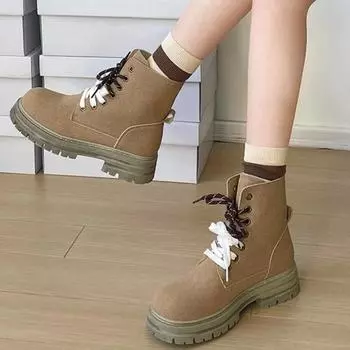 Fashion Ladies Shoes on Sale 2024 Fashion Lace Up Women s Boots Autumn Round Toe Solid Flock Platform Water Proof Elegant Short Boots 35 хаки