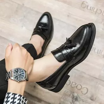 Fashion Leather Fashion Club Shoes Men All-match Men Pointed Toe Loafers 2024 New Male Driving Footwear Tassel Men Casual Office Flats 38 чёрный