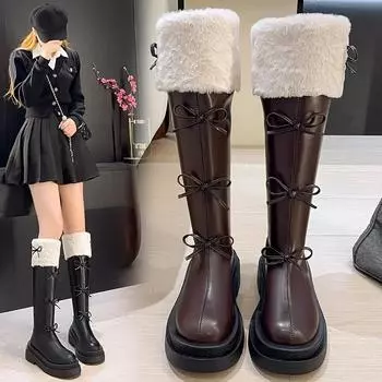 Fashion Leather velvet Knee High Boots For Women Winter Fashion bow Platform Knight Boots Woman Fashion Cross-Tied Botas Mujer 2024 35 чёрный