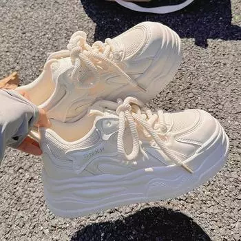 fashion Leisure Chunky Sneakers for Women Mesh Lace up High Heels Round Toe Shoes for Women Solid Flat Platform Vulcanize Shoes 35 бежевый