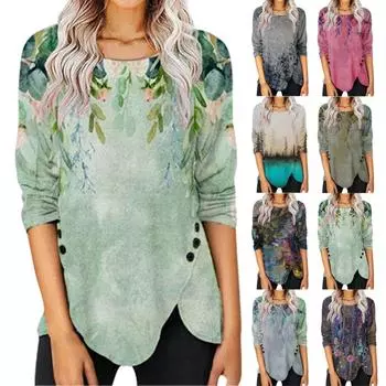 Fashion Leisure Positioning Printed Button Irregular Hem O-Neck Long Sleeve T-Shirt XXL
