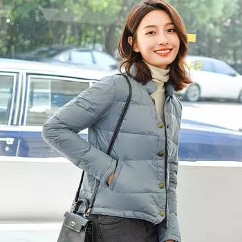 FASHION light and thin down jacket women s haze blue winter 2024 new short stand-up collar light and fashionable Korean version warm jacket Clothes S хаки