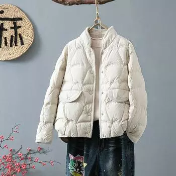 FASHION light and thin short down jacket women s 2024 new small stand-up collar mink hair splicing white duck down warm jacket Clothes S