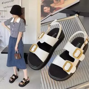 fashion Low Heel Buckle Strap Modern Sandals Solid Buckle 2024 Hot Sale Women s Shoes Flat with Concise Women s Sandals Sandlias 35 бежевый