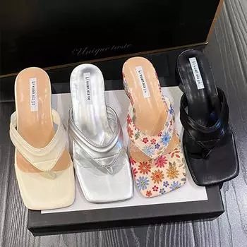 Fashion Low Heel Slippers Women Summer Fashion Comfort Clip Flip Flops Lightweight Non-slip Design Sandals Slides Sandalias De Mezclilla 35 бежевый