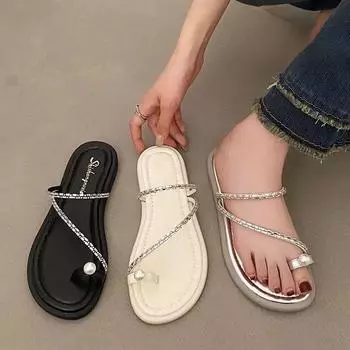 Fashion Luxury Fairy Wind Cool Slippers for External Wearing of Herringbone Slippers 2024 Summer New Soft Sole French Slippers 35 бежевый