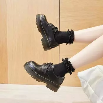 fashion Matsuke Thick Sole Round Toe Small Leather Shoes Women s Genuine Leather Single Shoes Martin Shoes JK Uniform Shoes 35 чёрный