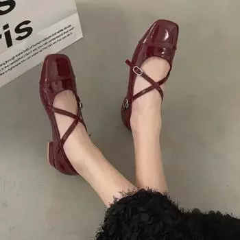 Fashion Medium Heeled Single Shoes for Women Retro Thick Heel Ballet Shoes Cross Buckle Shallow SoftSole Shoe 2025 35 красный